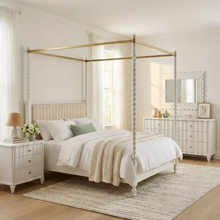Haven Warm White King Upholstered Canopy Poster Bed