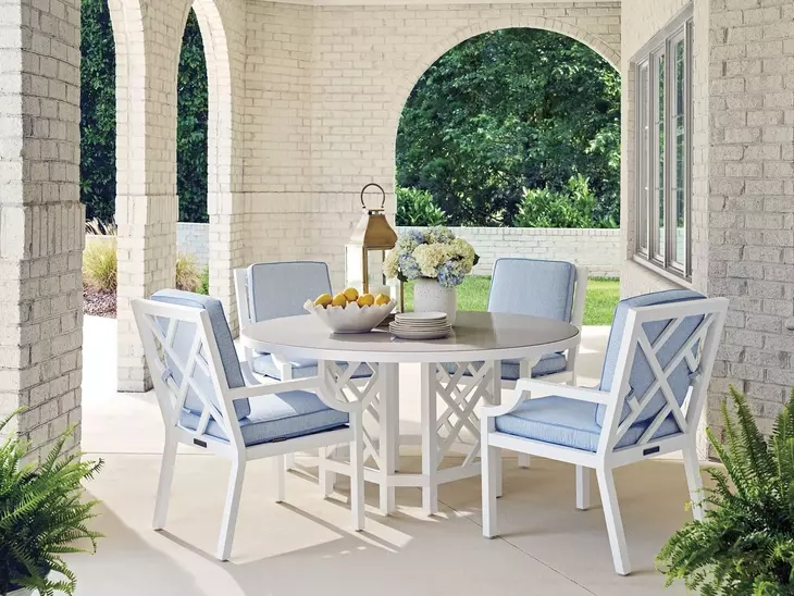 Island Classic Cream and Gray Outdoor Round Quartz Top Dining Room Set
