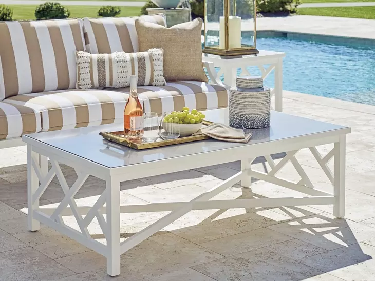 Island Classic Cream and Gray Outdoor Rectangular Quartz Top Occassional Table Set