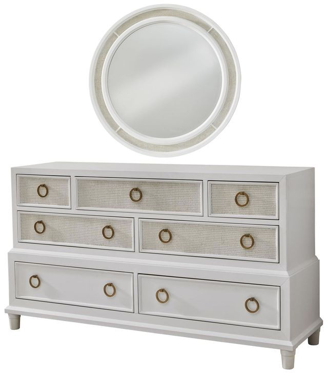Switchgrass White 7 Drawer Dresser and Round Mirror