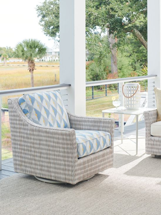 Seabrook Blue and White Upholstered Swivel Glider Outdoor Lounge Chair