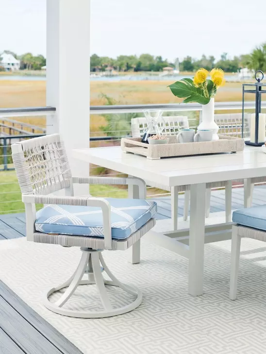 Seabrook Blue and White Upholstered Swivel Rocker Outdoor Dining Chair