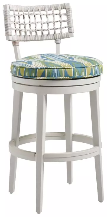 Seabrook Blue and White Upholstered Swivel Outdoor Bar Stool
