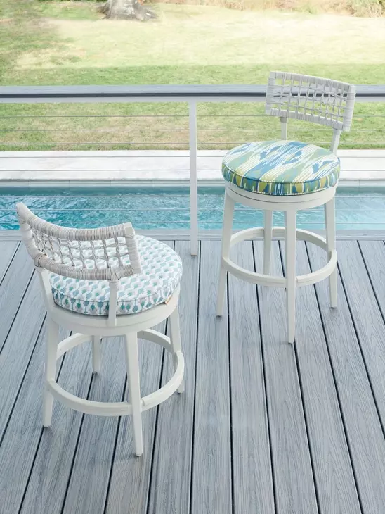 Seabrook Blue and White Upholstered Swivel Outdoor Bar Stool