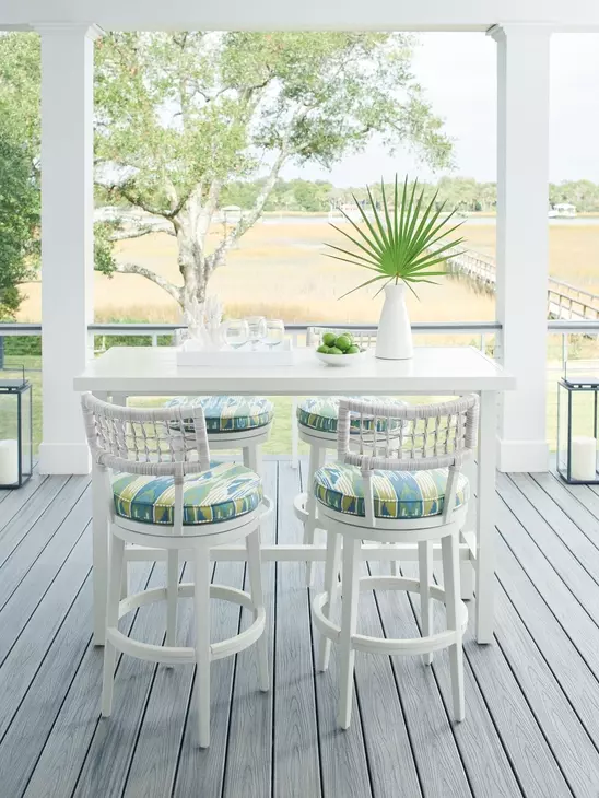 Seabrook Blue and White Upholstered Swivel Outdoor Bar Stool