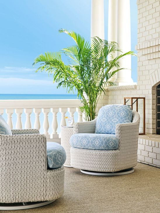 Ocean Breeze Promenade Blue and White Upholstered Outdoor Occasional Swivel Chair