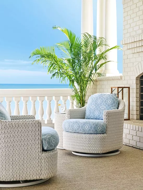 Ocean Breeze Promenade Blue and White Upholstered Outdoor Occasional Swivel Chair