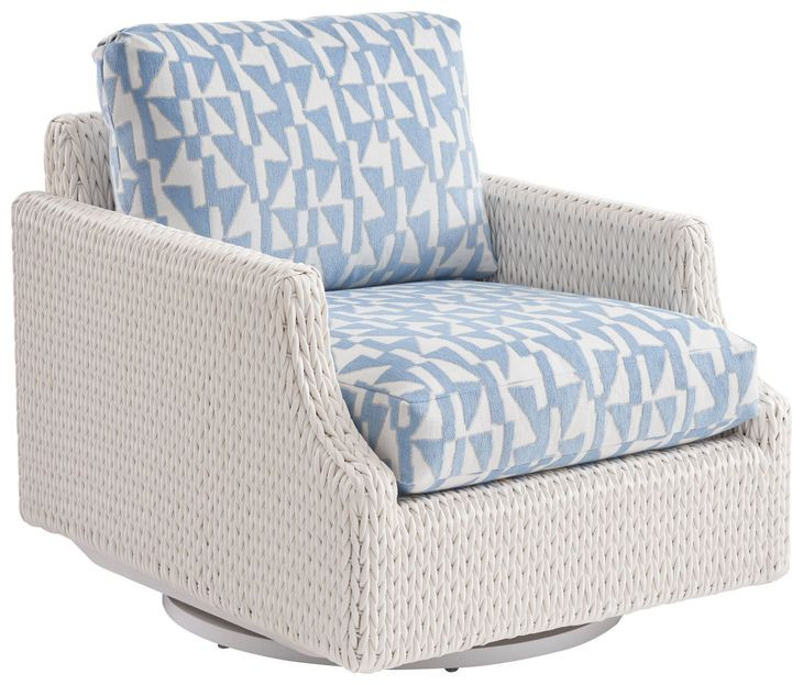 Ocean Breeze Promenade Blue and White Upholstered Outdoor Swivel Lounge Chair