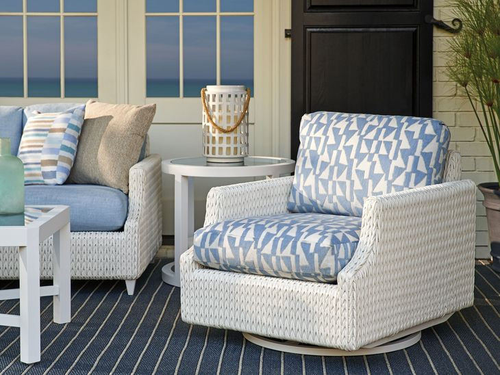 Ocean Breeze Promenade Blue and White Upholstered Outdoor Swivel Lounge Chair