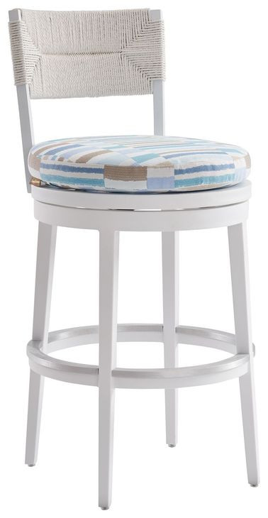 Ocean Breeze Promenade Blue and White Upholstered Outdoor Swivel Bar Stool