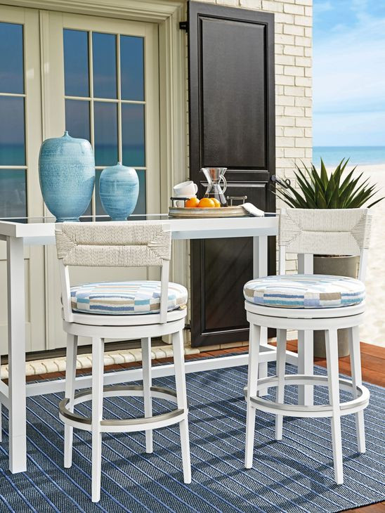 Ocean Breeze Promenade Blue and White Upholstered Outdoor Swivel Bar Stool