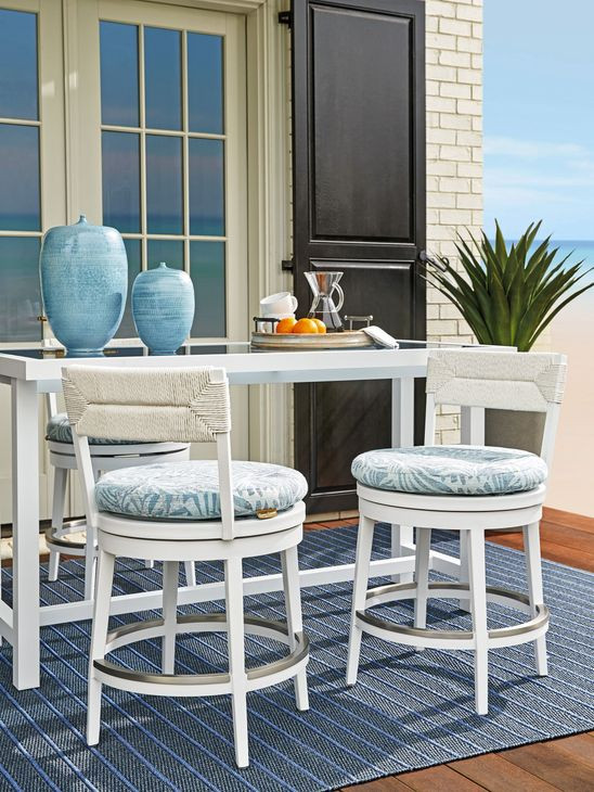 Ocean Breeze Promenade Blue and White Upholstered Outdoor Swivel Counter Height Stool