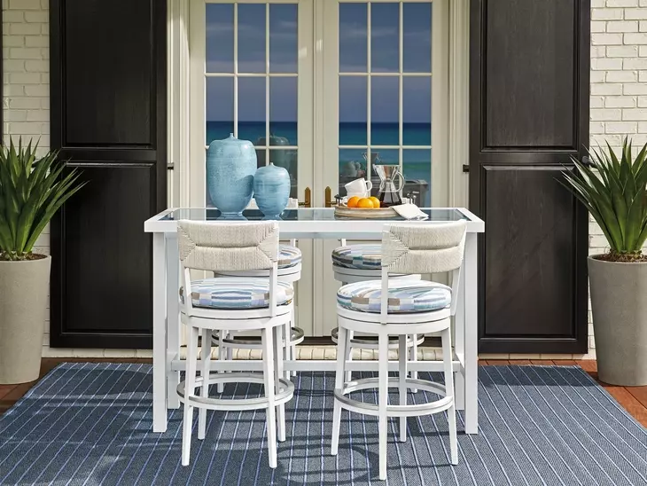 Ocean Breeze Promenade Blue and White Upholstered Outdoor Swivel Bar Stool