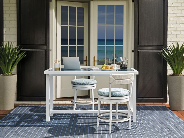 Ocean Breeze Promenade Blue and White Upholstered Outdoor Swivel Counter Height Stool