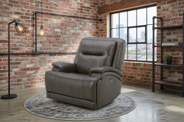 Heston Charcoal Leather Triple Power Swivel Glider Recliner with USB Charging