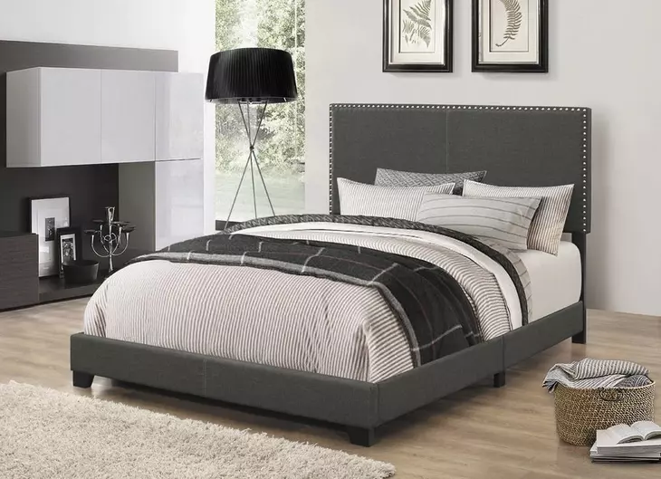 Boyd Charcoal California King Upholstered Panel Bed with Nailhead Trim
