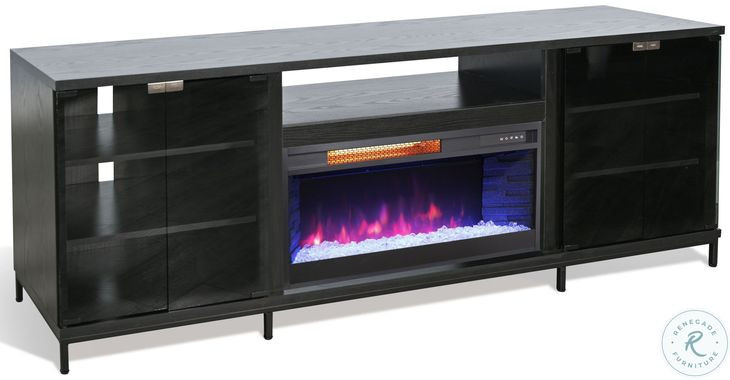 Newport Modern Black Oak Melamine 70" Media Console with Crystal Fireplace Insert