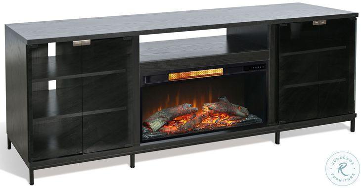 Newport Modern Black Oak Melamine 70" Media Console with Log Fireplace Insert