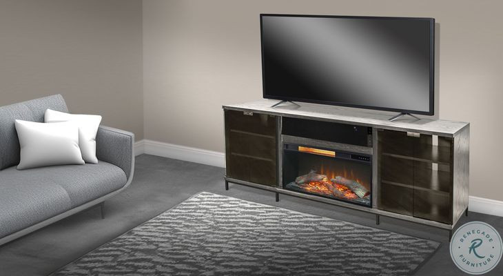 Newport Modern Gray Walnut Melamine 70" Media Console with Log Fireplace Insert