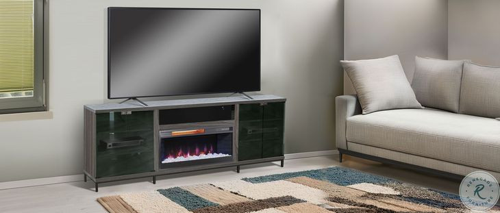 Newport Modern Gray Walnut Melamine 70" Media Console with Crystal Fireplace Insert