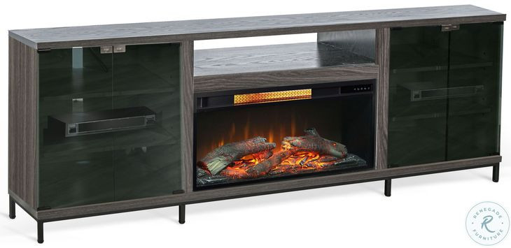 Newport Modern Gray Walnut Melamine 70" Media Console with Log Fireplace Insert