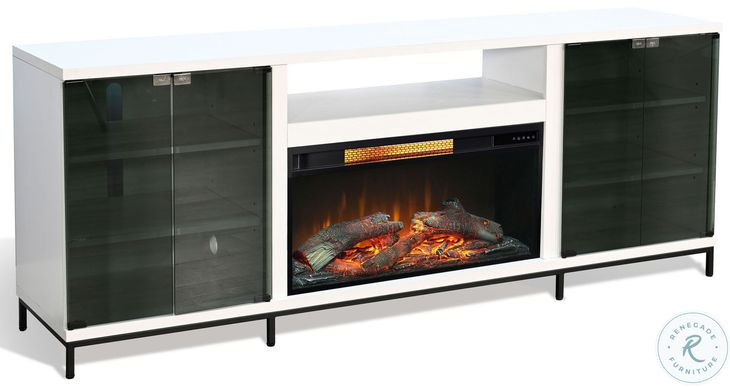 Newport Modern White Oak Melamine 70" Media Console with Log Fireplace Insert