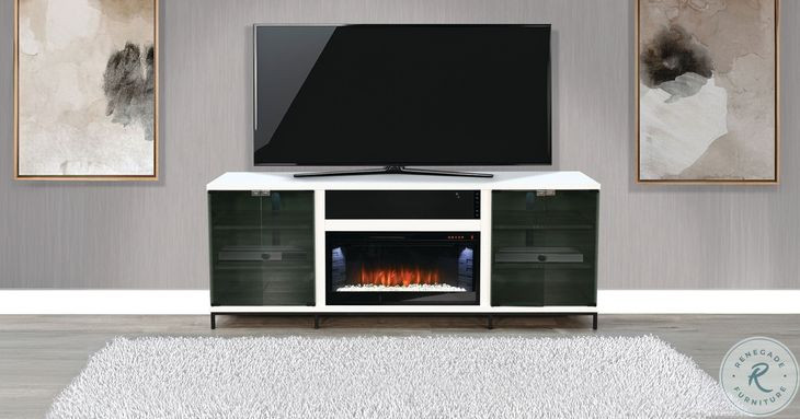 Newport Modern White Oak Melamine 70" Media Console with Crystal Fireplace Insert