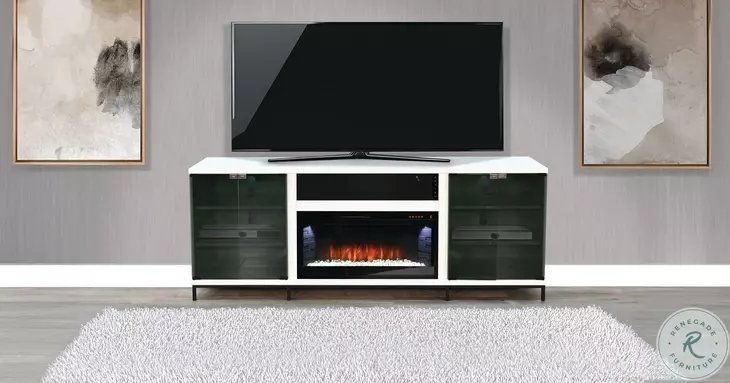 Newport Modern White Oak Melamine 70" Media Console with Crystal Fireplace Insert