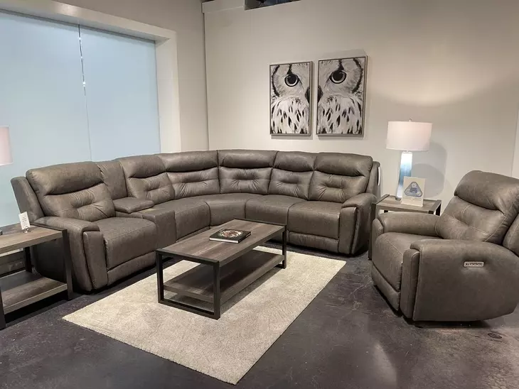 Point Break True Grit Greystone Power Reclining RAF Sectional with Power Headrest and Lumbar