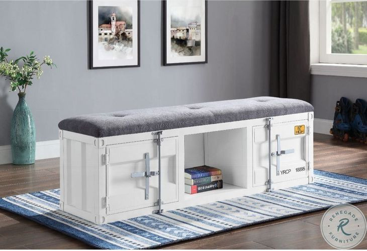 Cargo Gray Fabric and White 56" Upholstered Bench with Storage