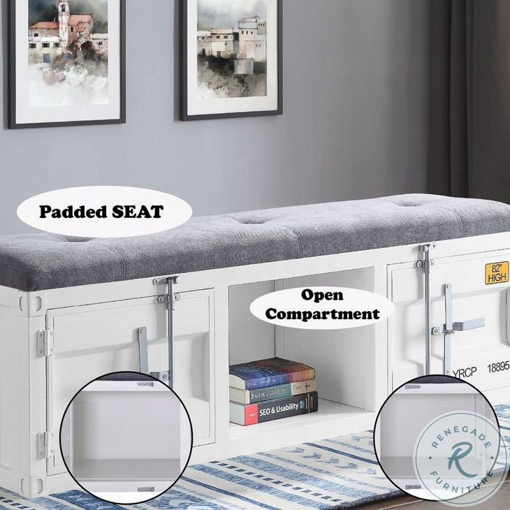 Cargo Gray Fabric and White 56" Upholstered Bench with Storage