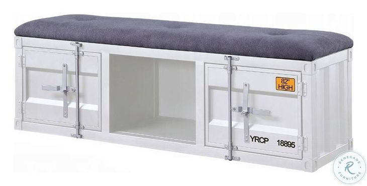 Cargo Gray Fabric and White 56" Upholstered Bench with Storage