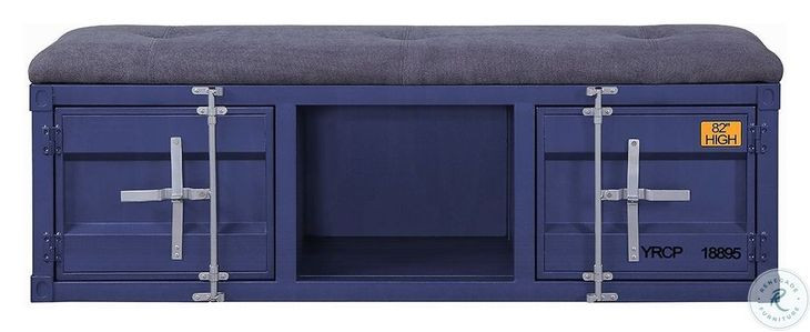 Cargo Gray Fabric and Blue 56" Upholstered Bench with Storage