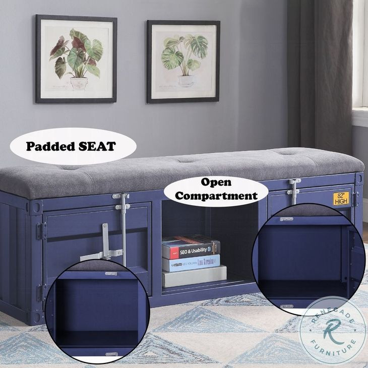 Cargo Gray Fabric and Blue 56" Upholstered Bench with Storage