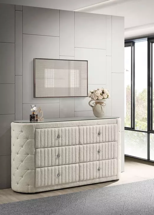 Sonya Ivory Upholstered 6 Drawer Dresser