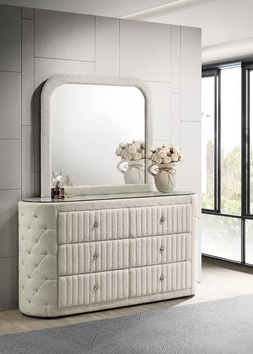 Sonya Ivory Upholstered 6 Drawer Dresser with Mirror