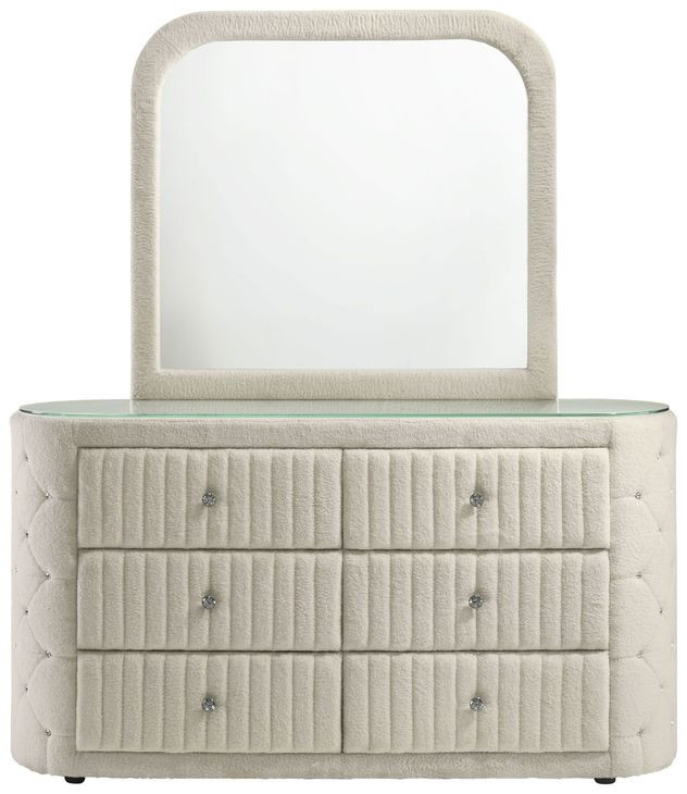 Sonya Ivory Upholstered 6 Drawer Dresser with Mirror