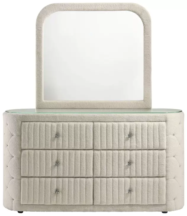 Sonya Ivory Upholstered 6 Drawer Dresser with Mirror