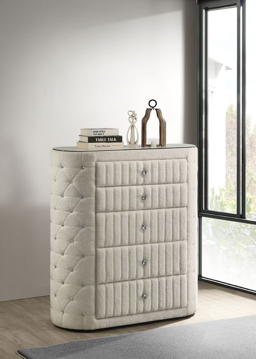 Sonya Ivory Upholstered 5 Drawer Chest