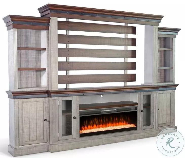 Industrial Comfort Gray 128" Entertainment Wall with Electric Fireplace
