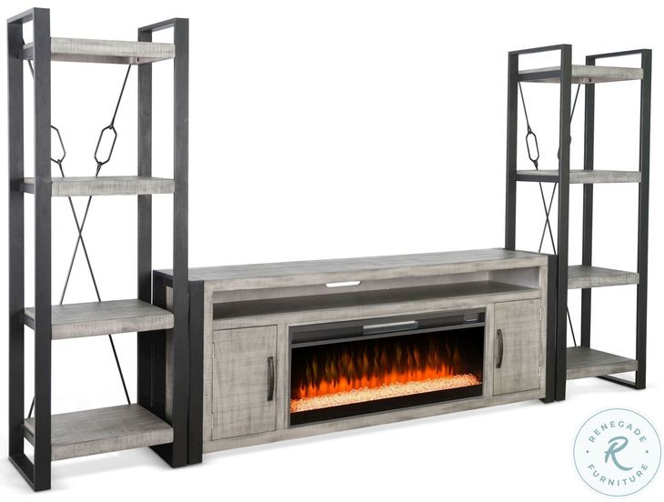 Industrial Hearth Gray 126" Media Wall with Crystal Fireplace Insert