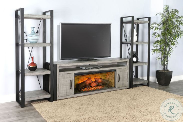 Industrial Hearth Gray 126" Media Wall with Log Fireplace Insert
