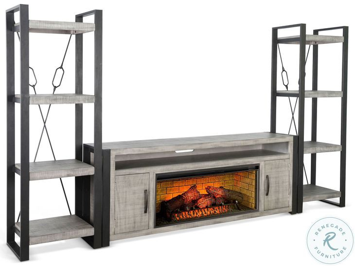 Industrial Hearth Gray 126" Media Wall with Log Fireplace Insert