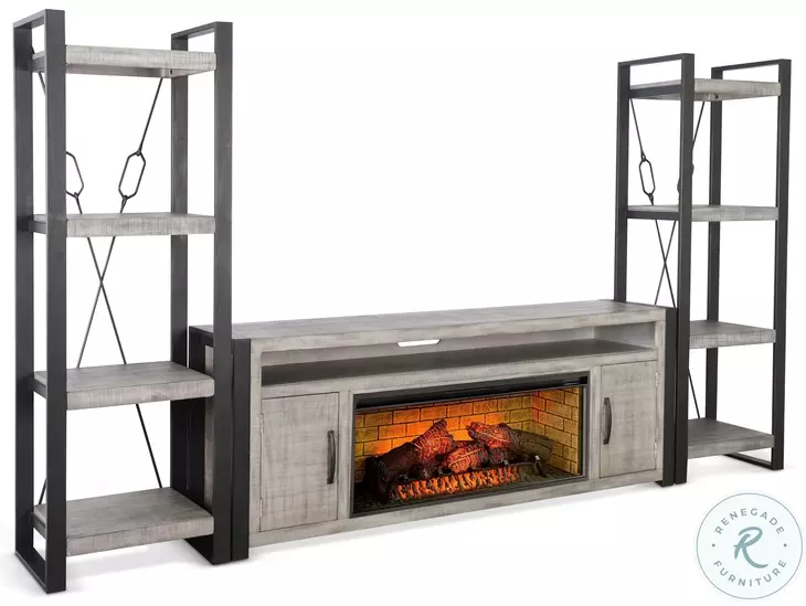 Industrial Hearth Gray 126" Media Wall with Log Fireplace Insert