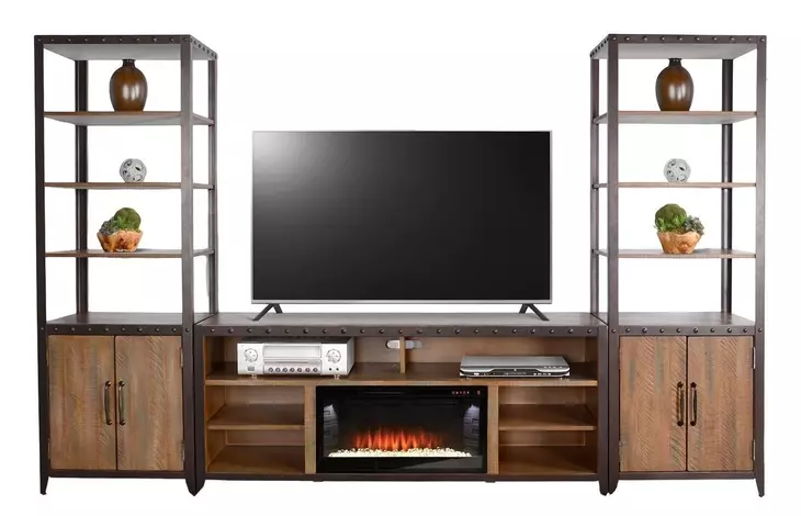 San Diego Antique Brown 111" Media Wall with Electric Fireplace
