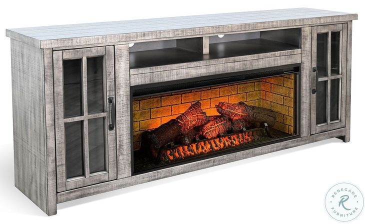 Prismfire Nest Tobacco Leaf and Alpine Gray 79" Media Console with Log Fireplace Insert