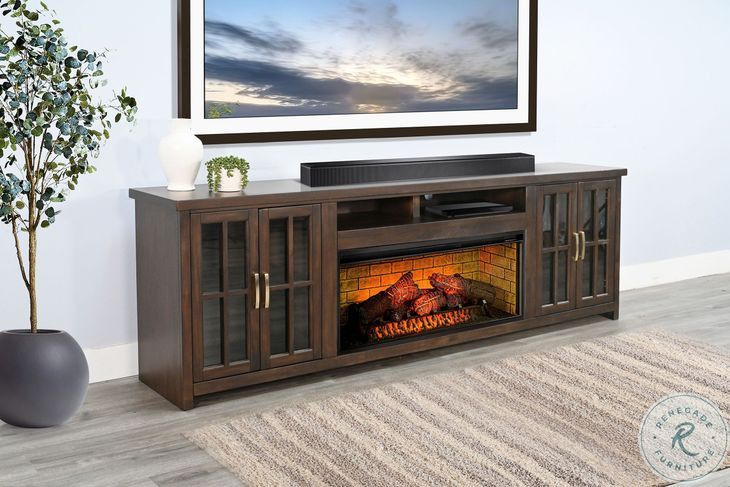 Glass Haven Dark Brown 98" Media Console with Electric Fireplace