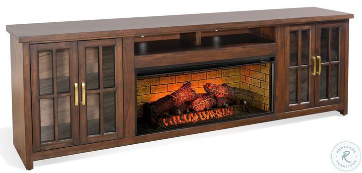Glass Haven Dark Brown 98" Media Console with Electric Fireplace