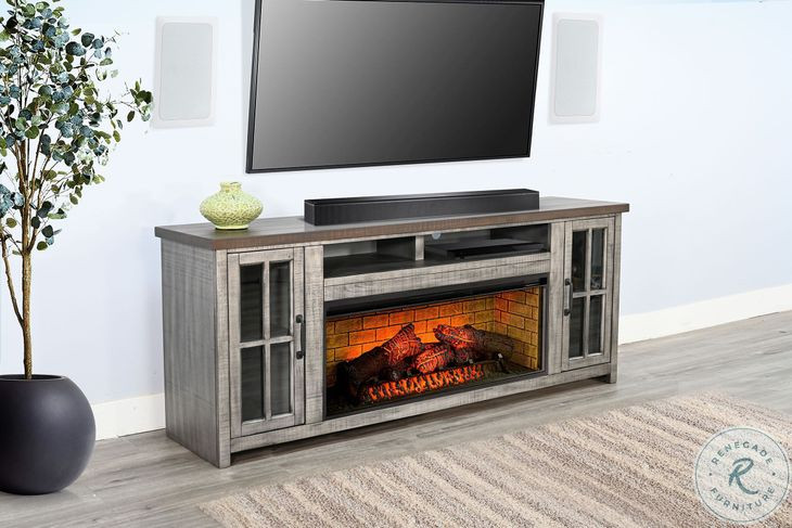 Prismfire Nest Tobacco Leaf and Alpine Gray 79" Media Console with Log Fireplace Insert