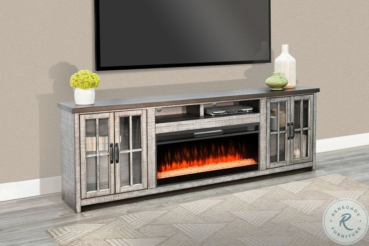 Prismfire Nest Tobacco Leaf and Alpine Gray 79" Media Console with Crystal Fireplace Insert